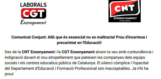 [Comunicat CNT-CGT] Allò que és essencial no es maltracta! Prou d’incertesa i precarietat en l’Educació!