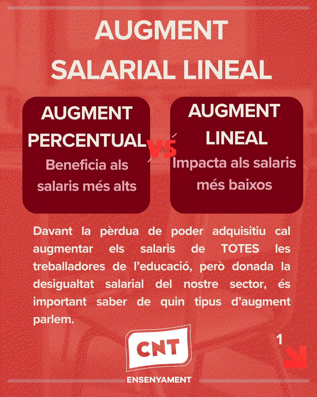 AUGMENT SALARIAL LINEAL: PER A LA IGUALTAT SALARIAL A L’EDUCACIÓ