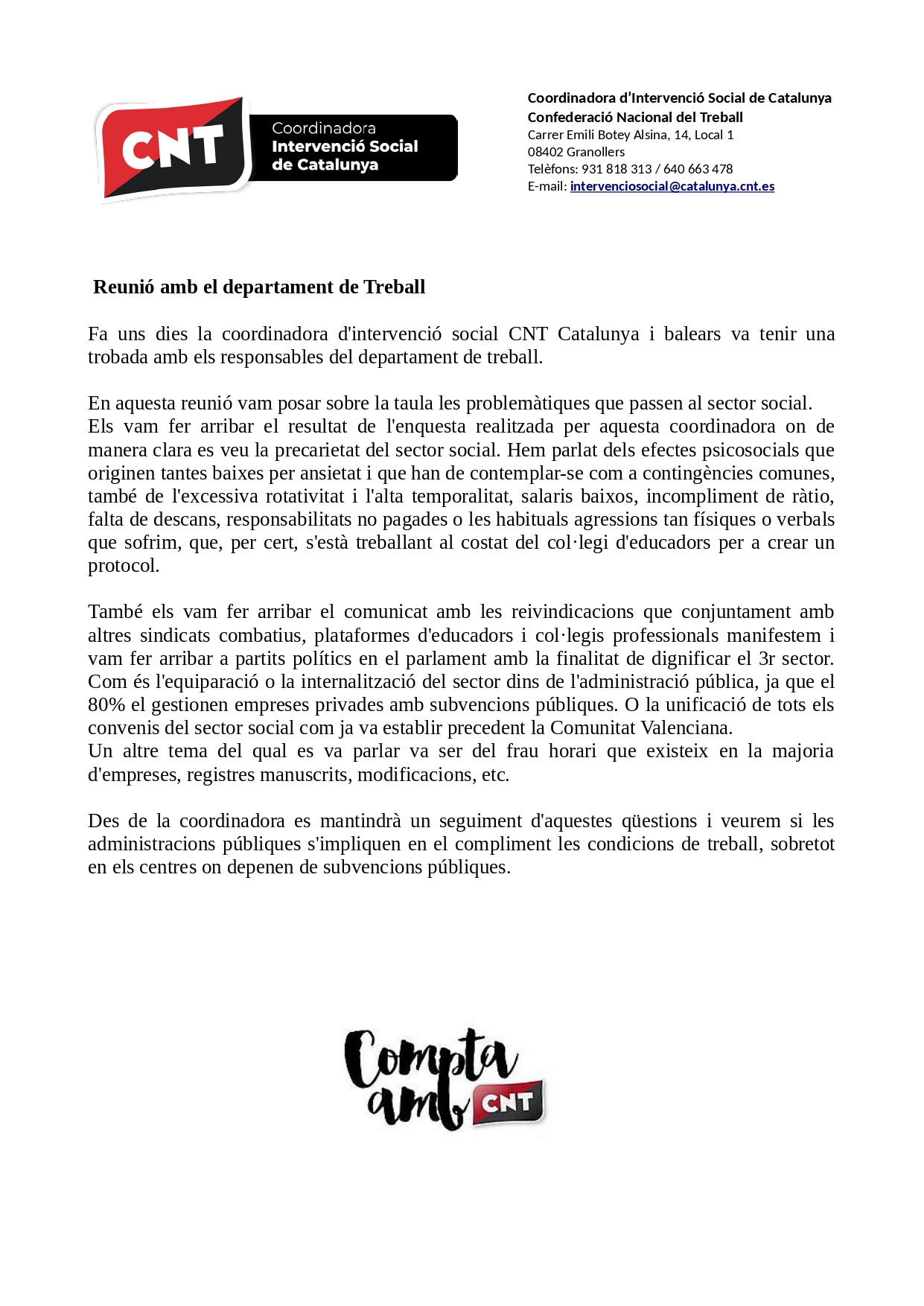 La Coordinadora d’Intervenció Social es reuneix amb el Departament de Treball